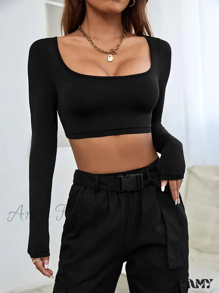 Amy Fashion - Sports Leisure Short Knitted Long Sleeve Crop Top Black / S