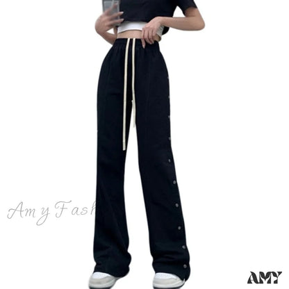 Amy Fashion - Sporty Side Button Wide Leg Track Pants Black / M