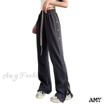 Amy Fashion - Sporty Side Button Wide Leg Track Pants Grey / M