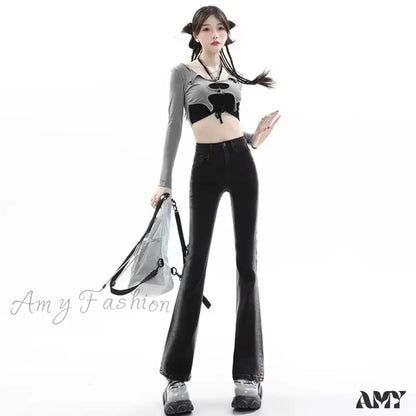 Amy Fashion - Spring And Autumn Micro Rage Ins Natural Waist Dark Simple New Zipper Jean