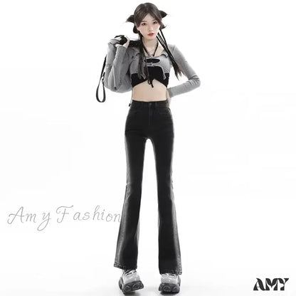 Amy Fashion - Spring And Autumn Micro Rage Ins Natural Waist Dark Simple New Zipper Jean