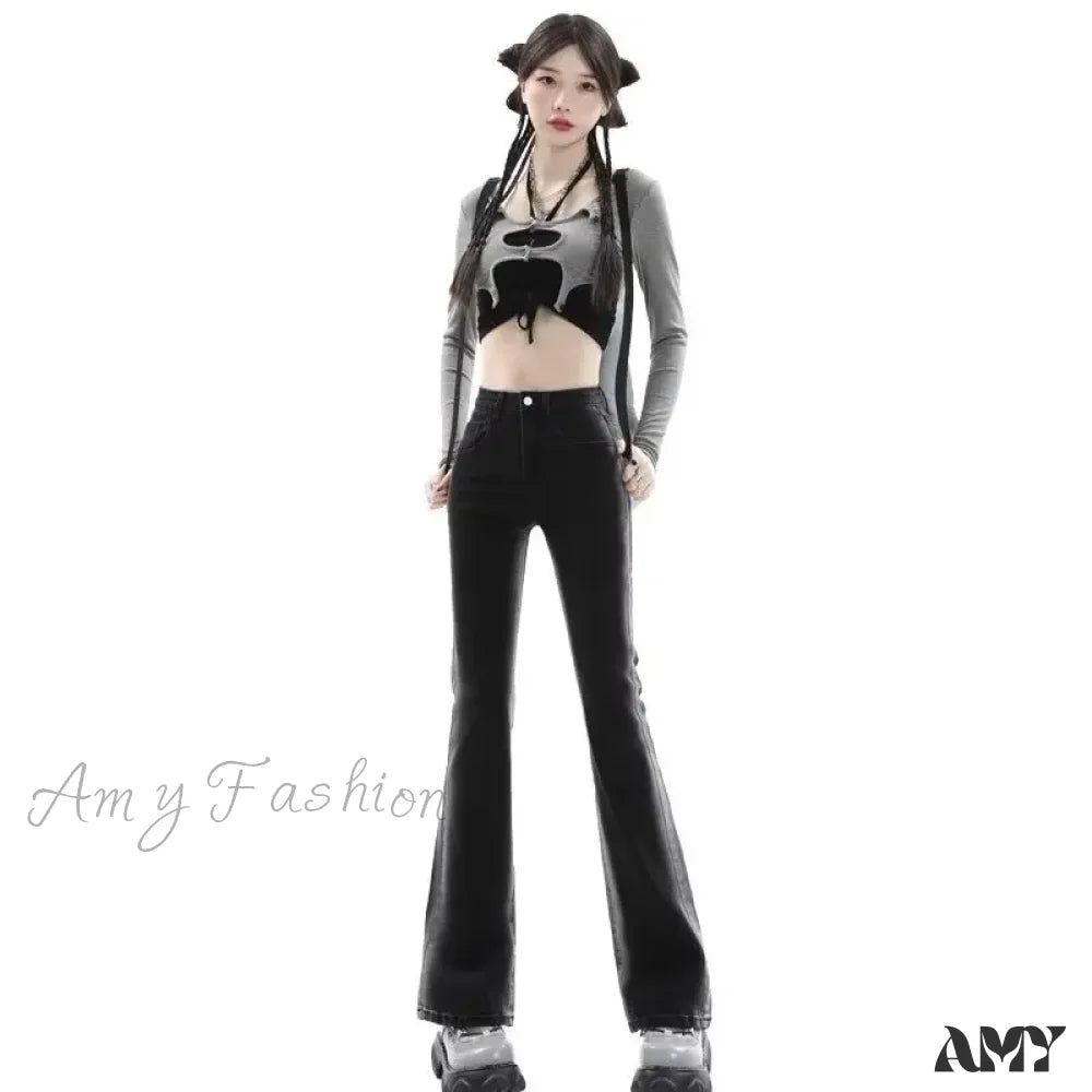 Amy Fashion - Spring And Autumn Micro Rage Ins Natural Waist Dark Simple New Zipper Jean