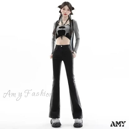 Amy Fashion - Spring And Autumn Micro Rage Ins Natural Waist Dark Simple New Zipper Jean