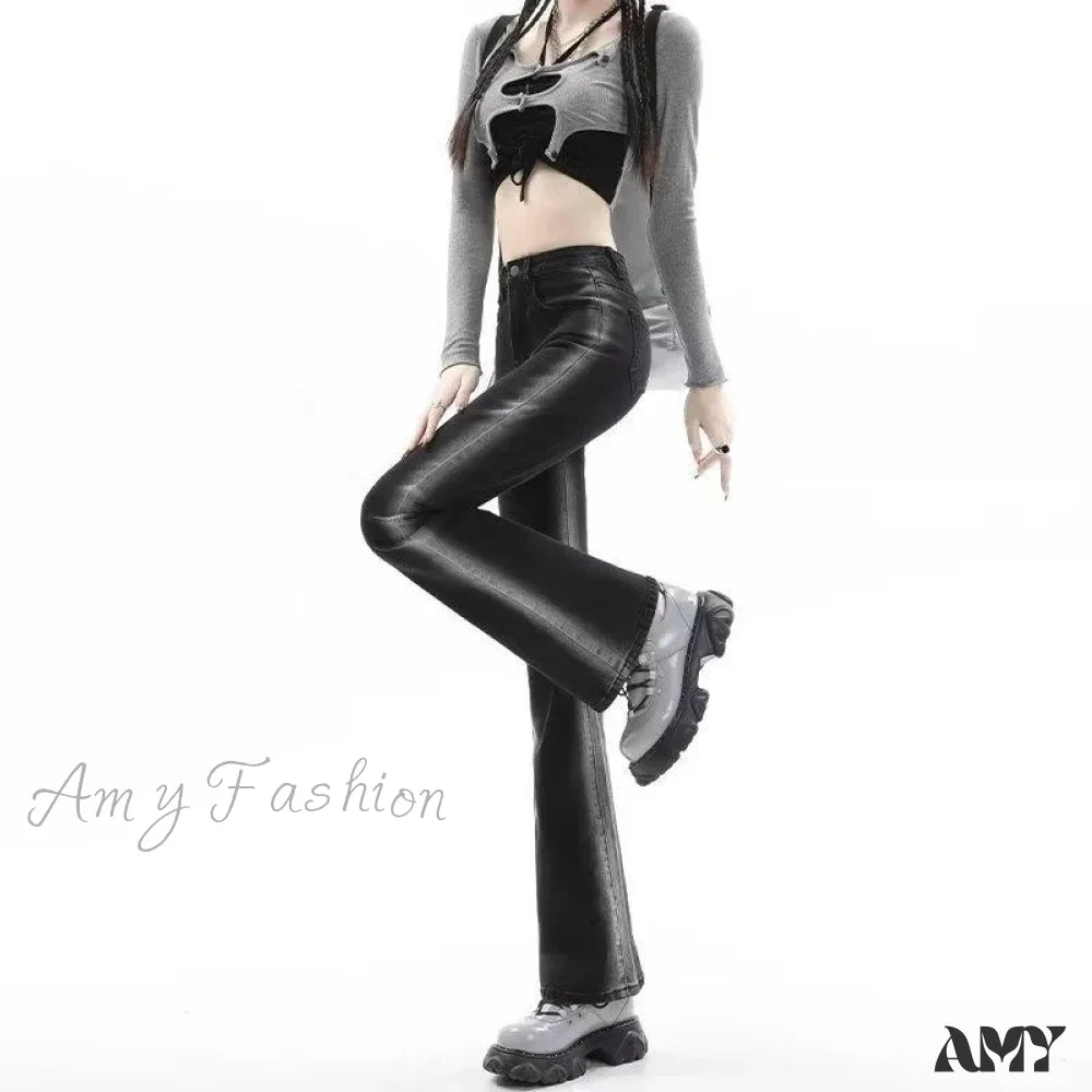 Amy Fashion - Spring And Autumn Micro Rage Ins Natural Waist Dark Simple New Zipper Jean Black / Xs