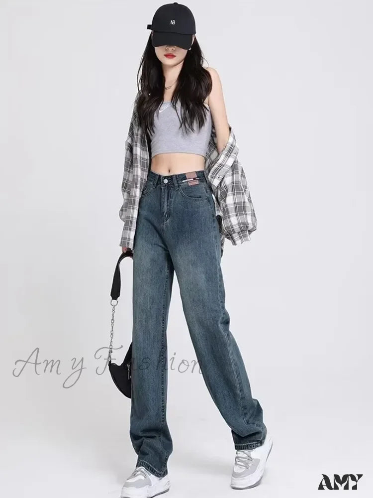 Amy Fashion - Spring And Autumn New Korean Version High-Waisted Slimming Retro Straight Jean