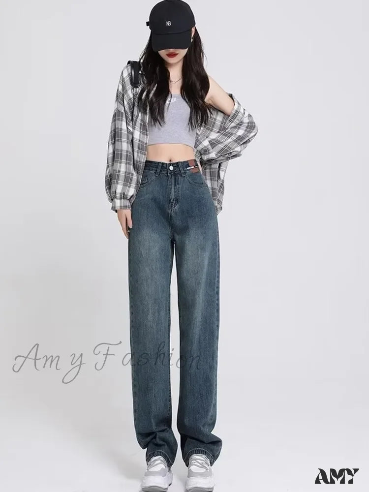 Amy Fashion - Spring And Autumn New Korean Version High-Waisted Slimming Retro Straight Jean