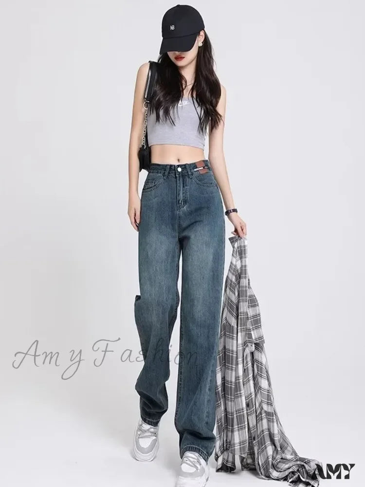 Amy Fashion - Spring And Autumn New Korean Version High-Waisted Slimming Retro Straight Jean