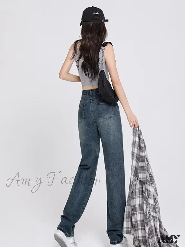 Amy Fashion - Spring And Autumn New Korean Version High-Waisted Slimming Retro Straight Jean