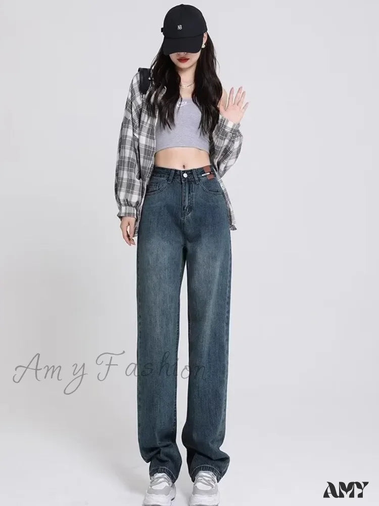 Amy Fashion - Spring And Autumn New Korean Version High-Waisted Slimming Retro Straight Jean