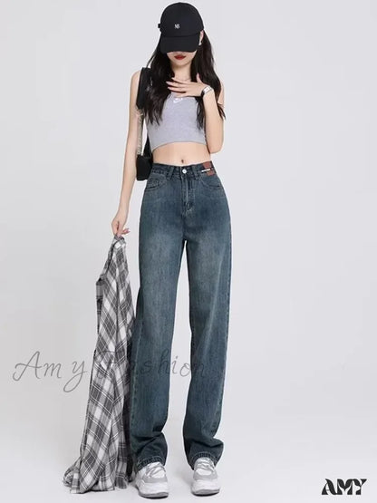 Amy Fashion - Spring And Autumn New Korean Version High-Waisted Slimming Retro Straight Jean Deep