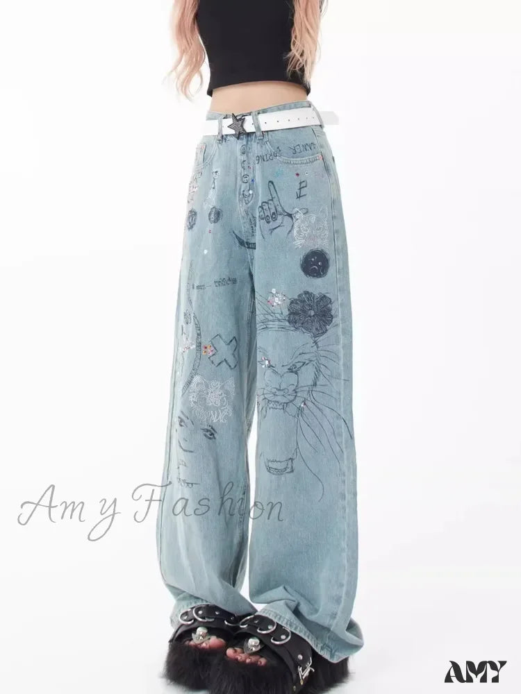 Amy Fashion - Spring And Autumn New Small Market Design Sense Personalized Print Graffiti Straight