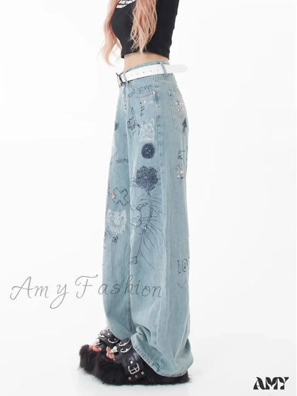 Amy Fashion - Spring And Autumn New Small Market Design Sense Personalized Print Graffiti Straight