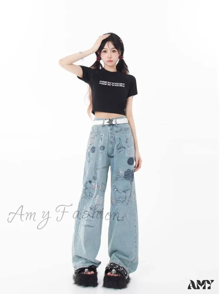 Amy Fashion - Spring And Autumn New Small Market Design Sense Personalized Print Graffiti Straight