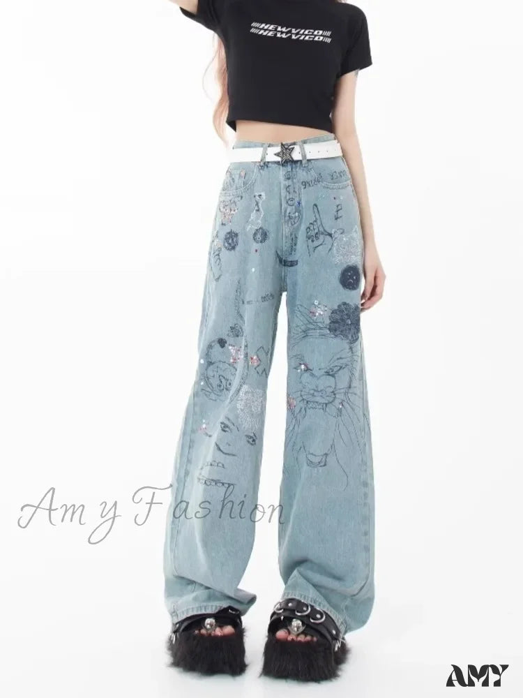 Amy Fashion - Spring And Autumn New Small Market Design Sense Personalized Print Graffiti Straight