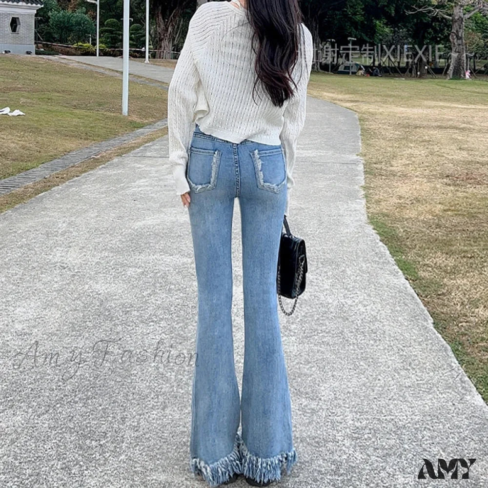 Amy Fashion - Spring And Autumn New Vintage Blue Tassel Elastic Horseshoe Rugged Edge Jean