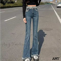 Amy Fashion - Spring And Autumn New Vintage Blue Tassel Elastic Horseshoe Rugged Edge Jean Retro /