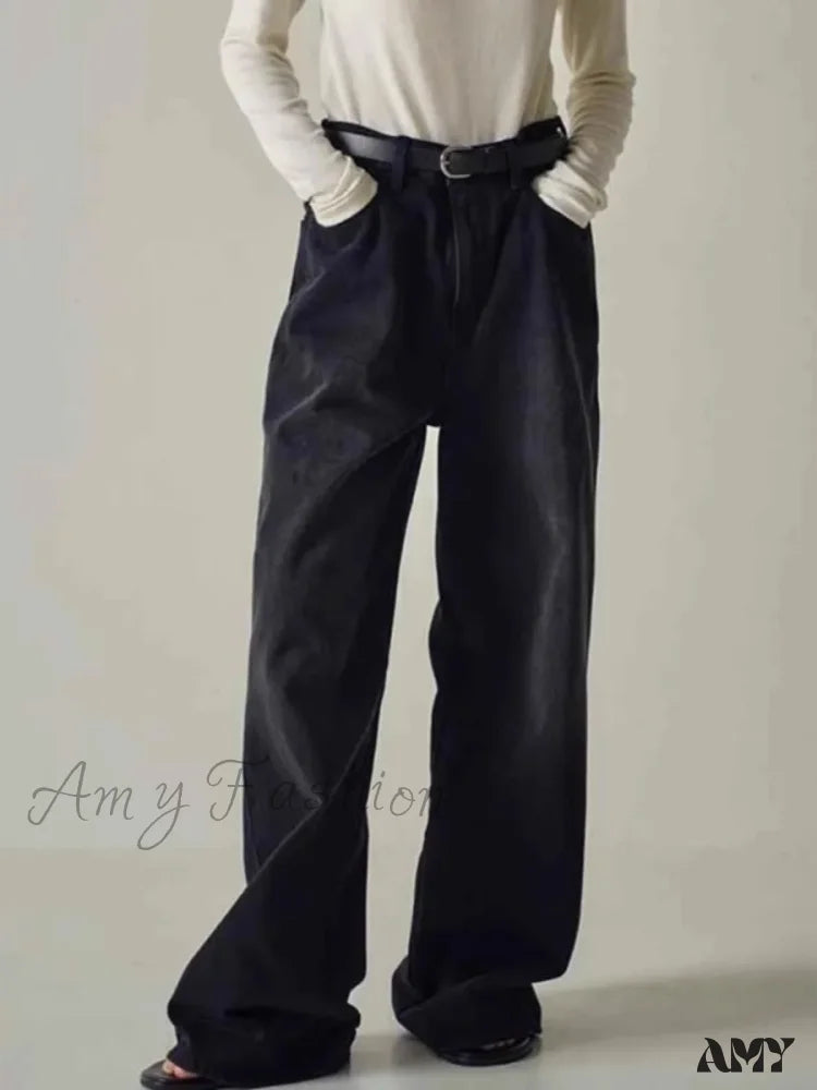 Amy Fashion - Spring Fall New High-Waisted Wide-Leg High Quality Long Baggy Y2K Jean Black / Xs