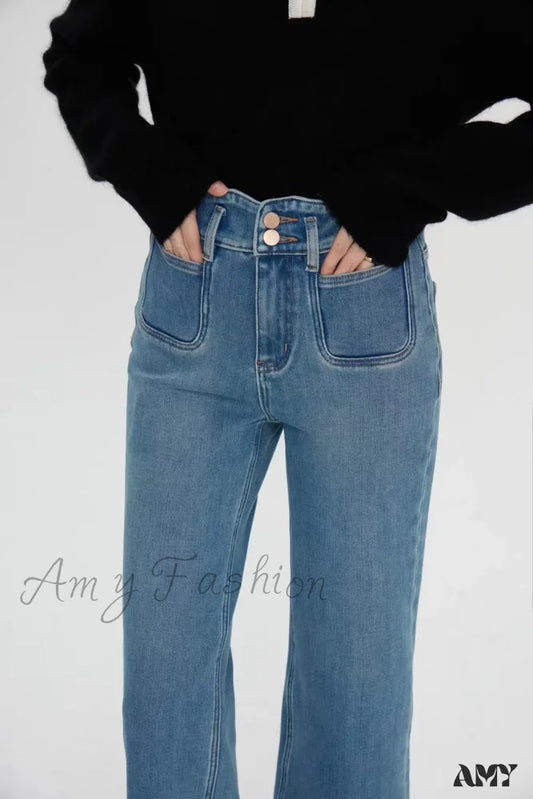 Amy Fashion - Spring Fall New High-Waisted Wide-Leg High Quality Long Baggy Y2K Jean Blue / 25