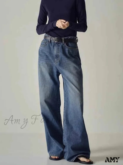 Amy Fashion - Spring Fall New High-Waisted Wide-Leg High Quality Long Baggy Y2K Jean Blue / Xs