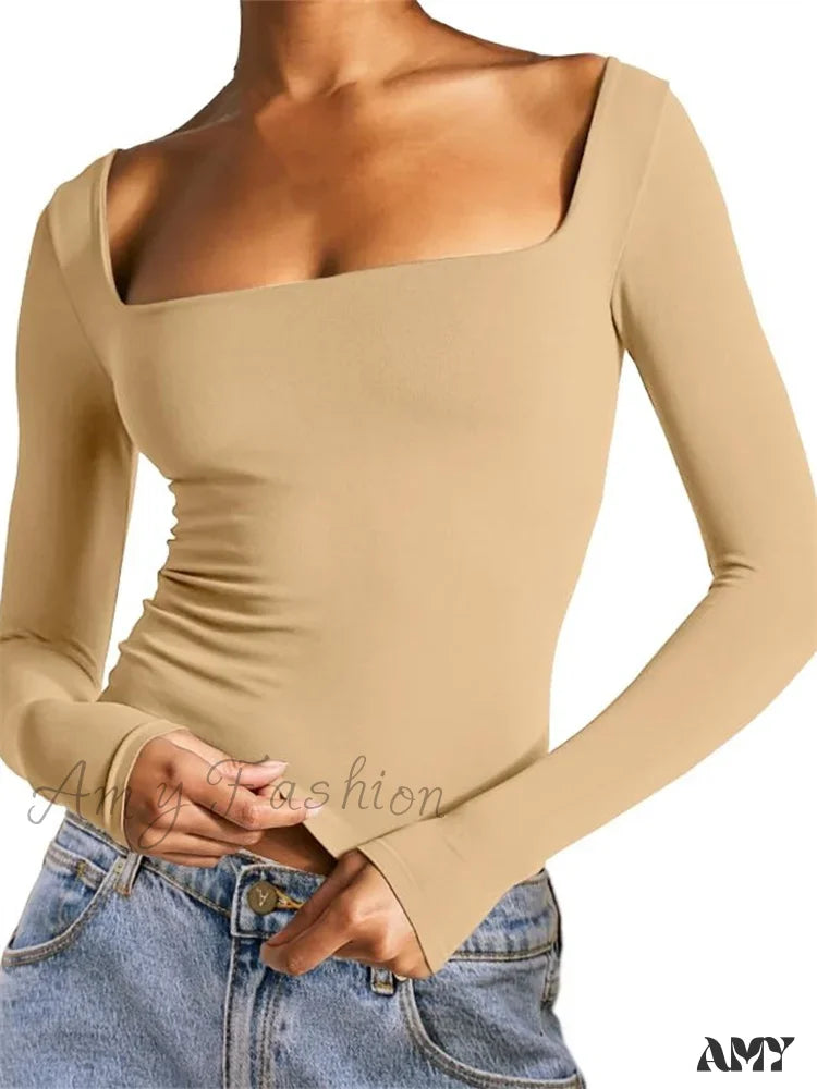 Amy Fashion - Spring Fall Slim Cropped Solid Color Long Sleeve Square Neck T-Shirts Beige / S