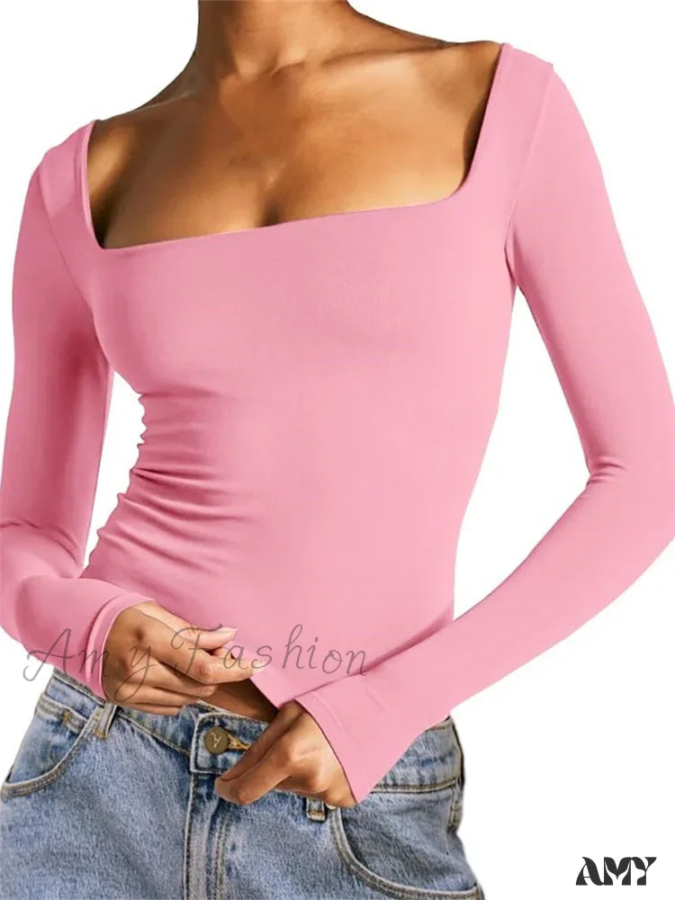 Amy Fashion - Spring Fall Slim Cropped Solid Color Long Sleeve Square Neck T-Shirts Pink / S