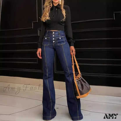 Amy Fashion - Spring Summer New Retro High Waist Stitching Washed Stretch Slim Bell-Bottom Denim