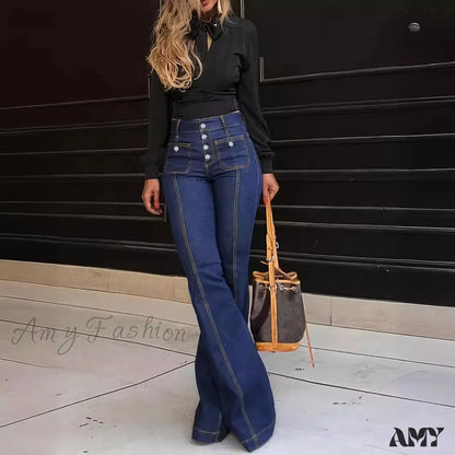 Amy Fashion - Spring Summer New Retro High Waist Stitching Washed Stretch Slim Bell-Bottom Denim