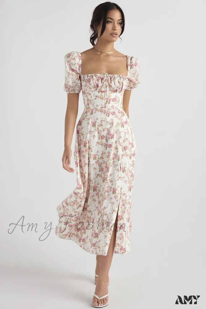 Amy Fashion - Square Collar Casual Beach Ruffles Boho Dress