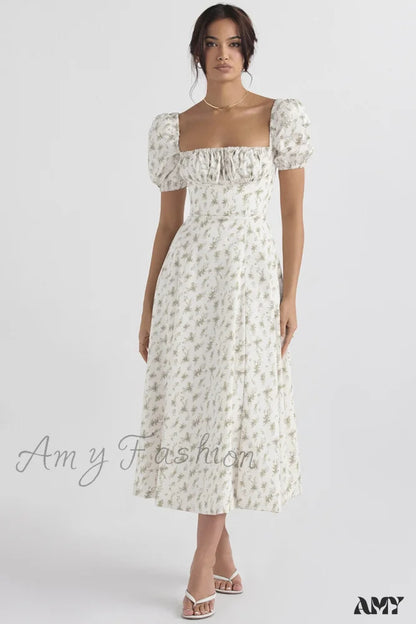 Amy Fashion - Square Collar Casual Beach Ruffles Boho Dress Whitegreen / Xl