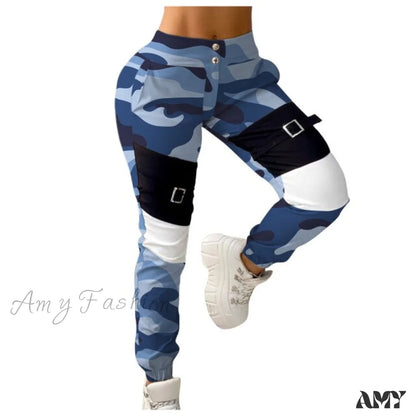 Amy Fashion - Stitching Camouflage Print Pants Blue / S