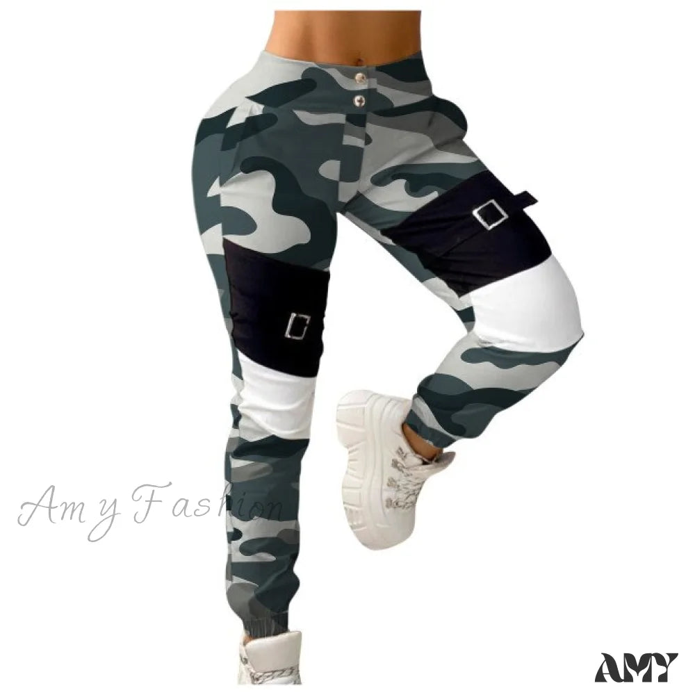 Amy Fashion - Stitching Camouflage Print Pants Green / S