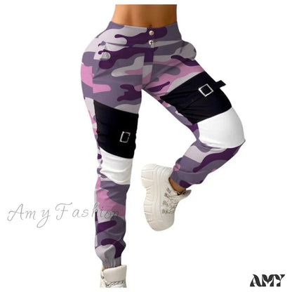 Amy Fashion - Stitching Camouflage Print Pants Pink / S