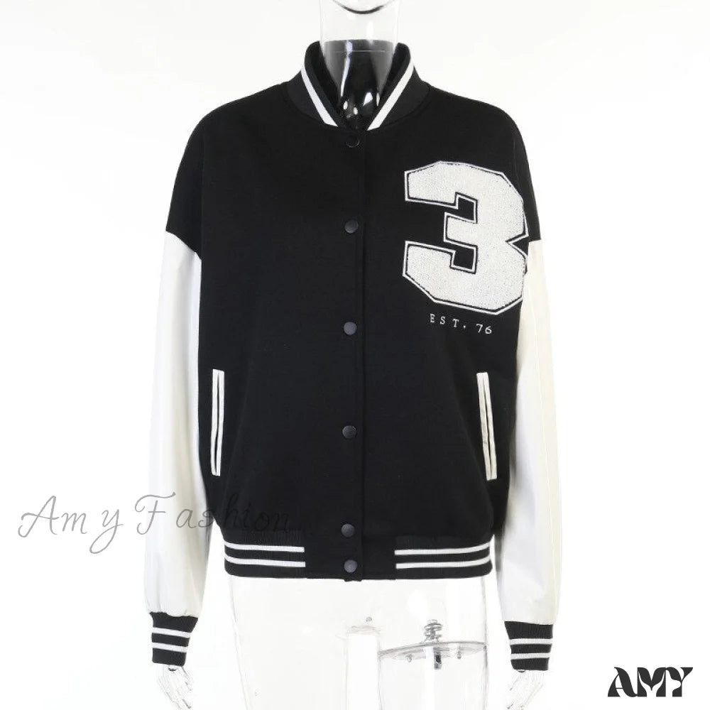 Amy Fashion - Stitching Letters Embroidery Baseball Uniform Jacket Black 3 / S