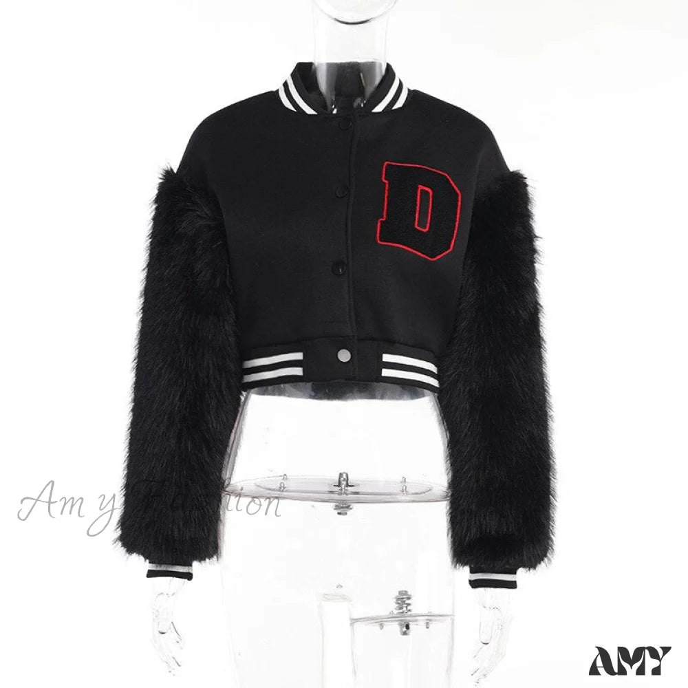 Amy Fashion - Stitching Letters Embroidery Baseball Uniform Jacket Black D / S