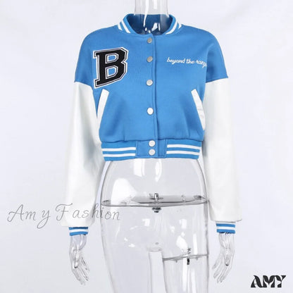 Amy Fashion - Stitching Letters Embroidery Baseball Uniform Jacket Blue(Embroided) / S