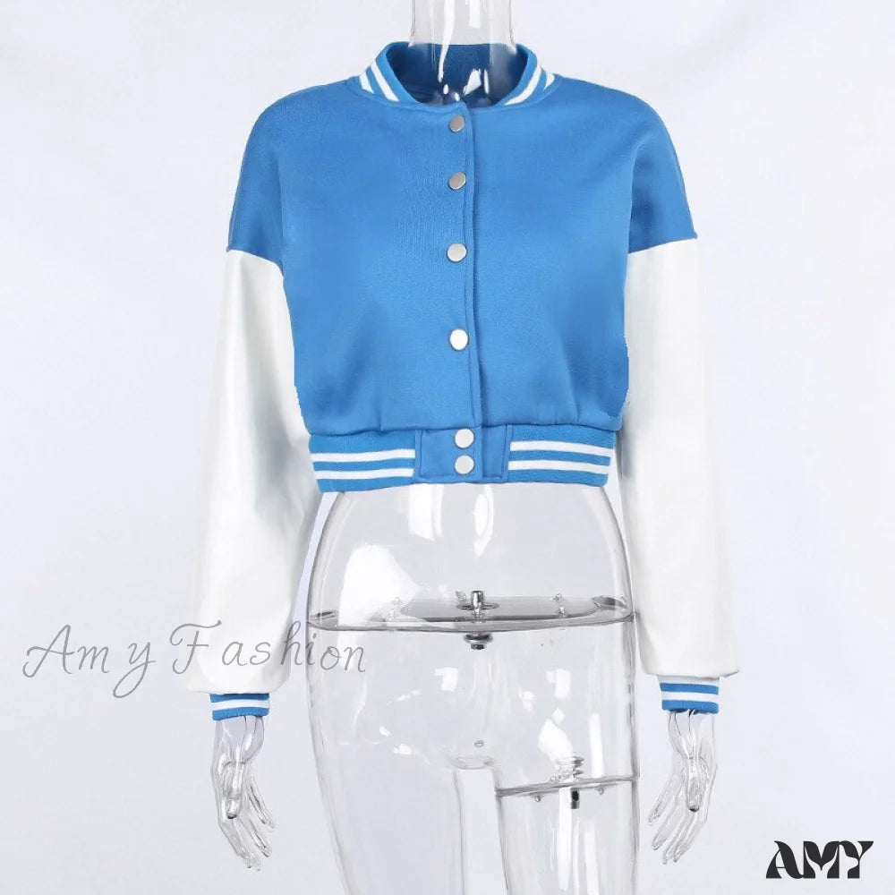 Amy Fashion - Stitching Letters Embroidery Baseball Uniform Jacket Blue / S