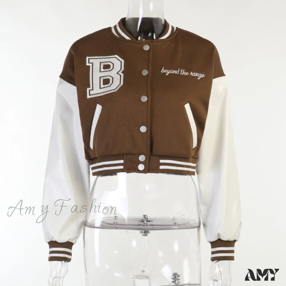 Amy Fashion - Stitching Letters Embroidery Baseball Uniform Jacket Brown(Embroidered) / S