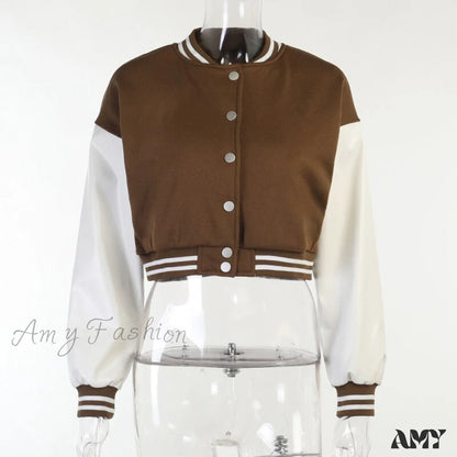 Amy Fashion - Stitching Letters Embroidery Baseball Uniform Jacket Brown / S