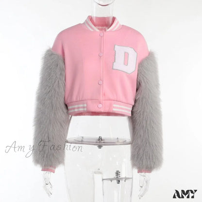 Amy Fashion - Stitching Letters Embroidery Baseball Uniform Jacket Pink D / S