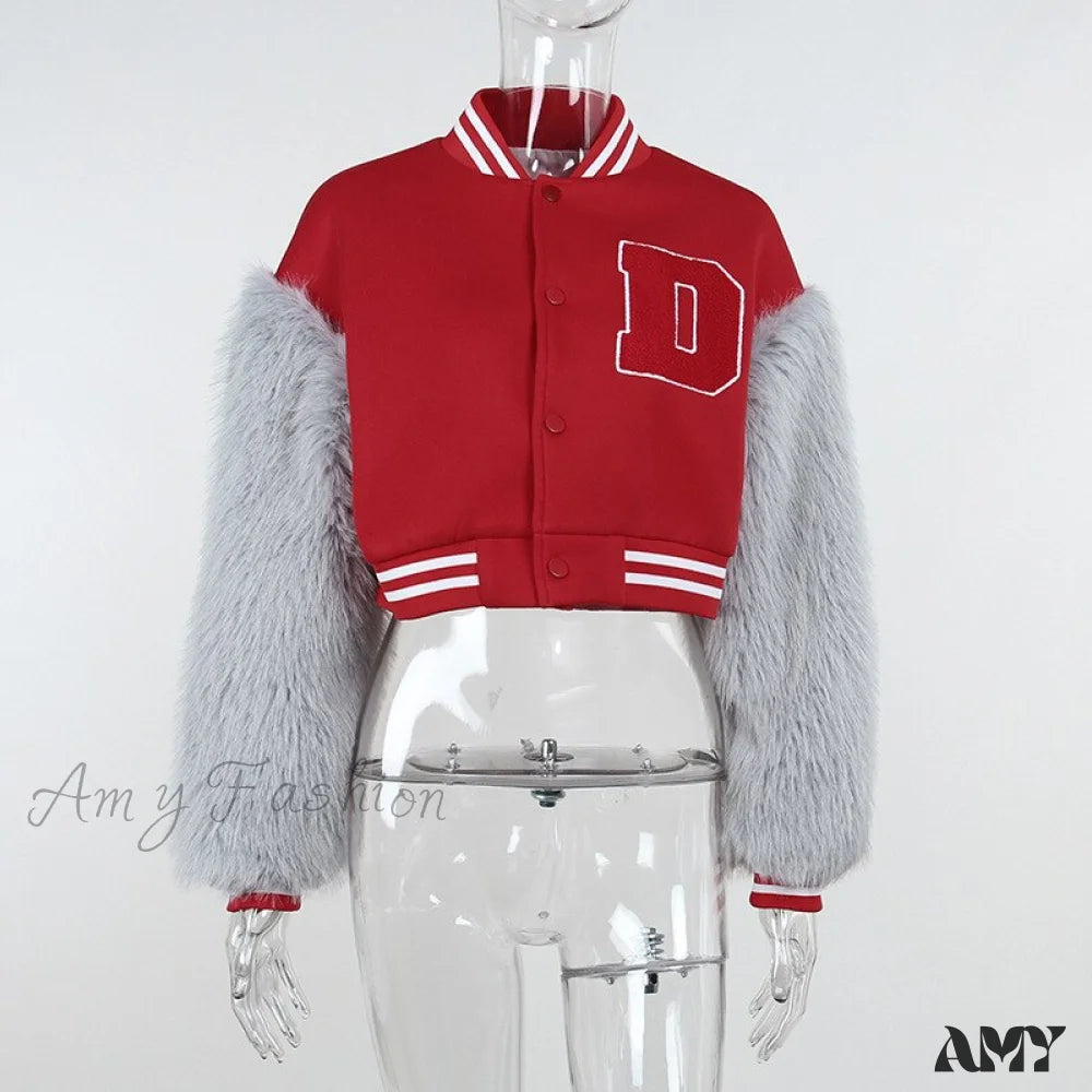 Amy Fashion - Stitching Letters Embroidery Baseball Uniform Jacket Red D / S