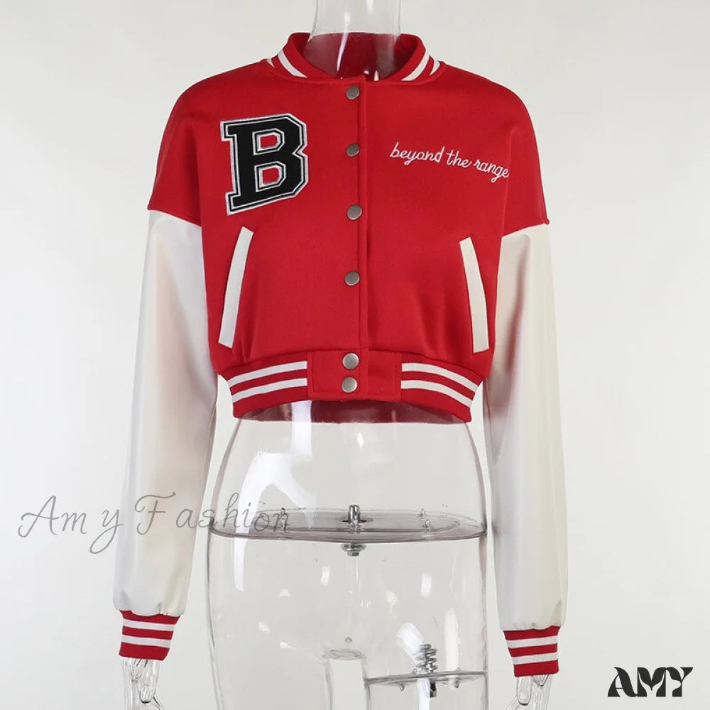 Amy Fashion - Stitching Letters Embroidery Baseball Uniform Jacket Red(Embroidered) / S