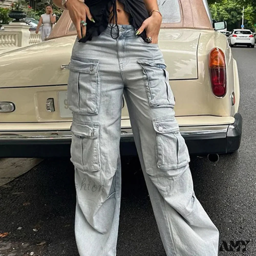 Amy Fashion - Straight Casual Multi-Pocket Paneled Cargo Washed Wide Leg High-Waisted High Street