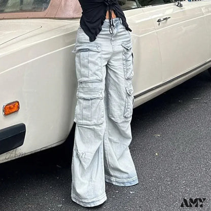 Amy Fashion - Straight Casual Multi-Pocket Paneled Cargo Washed Wide Leg High-Waisted High Street