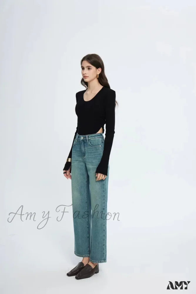 Amy Fashion - Straight Leg Denim Pant New Korean Woman Female Spring 2024 Jean