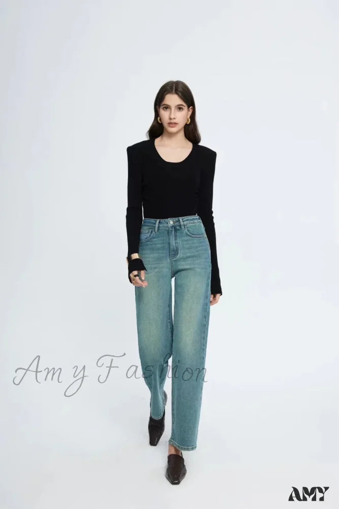 Amy Fashion - Straight Leg Denim Pant New Korean Woman Female Spring 2024 Jean