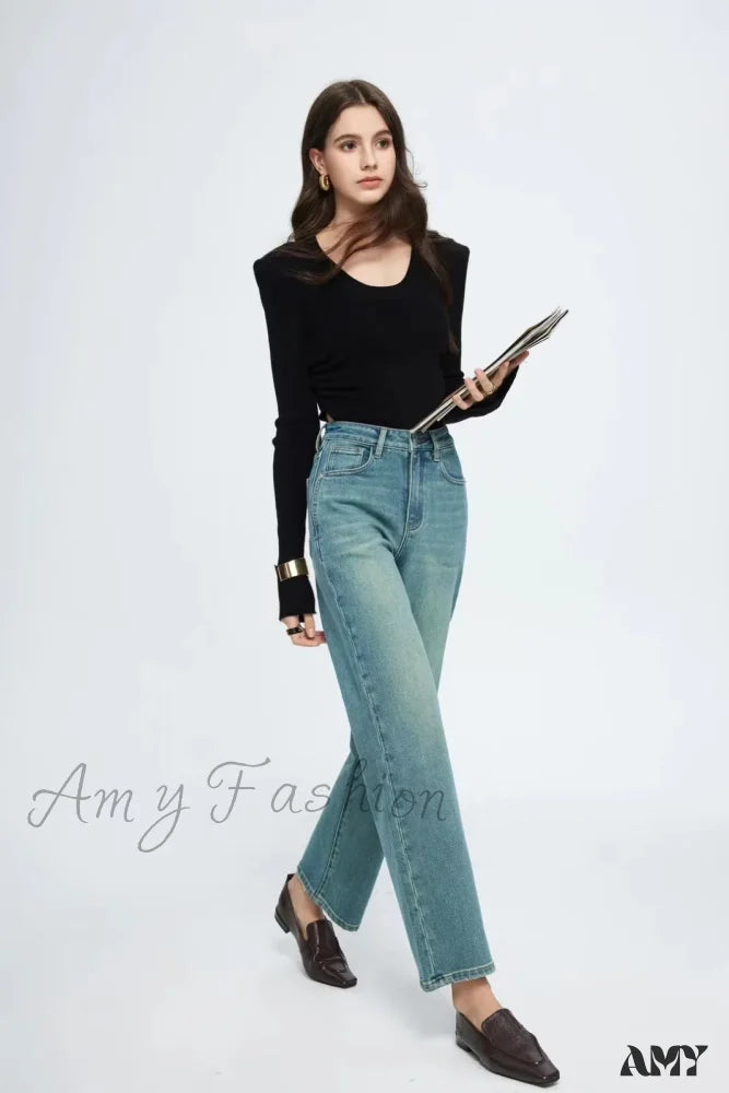 Amy Fashion - Straight Leg Denim Pant New Korean Woman Female Spring 2024 Jean