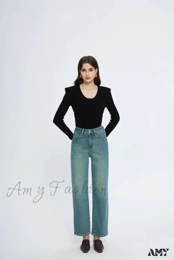 Amy Fashion - Straight Leg Denim Pant New Korean Woman Female Spring 2024 Jean