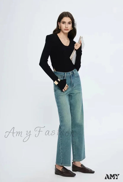 Amy Fashion - Straight Leg Denim Pant New Korean Woman Female Spring 2024 Jean