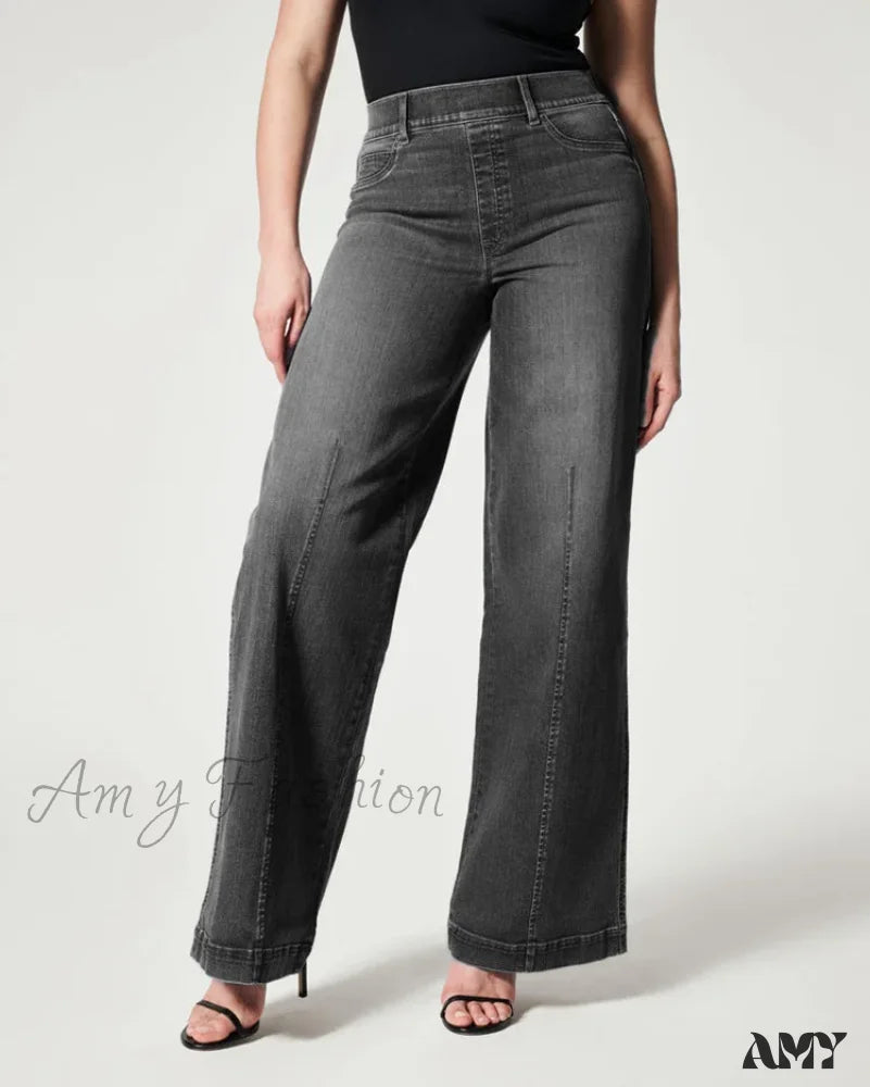 Amy Fashion - Straight Leg Stretch Fit High Waist Wide Indigo Lounge Stylish Jean Black / S