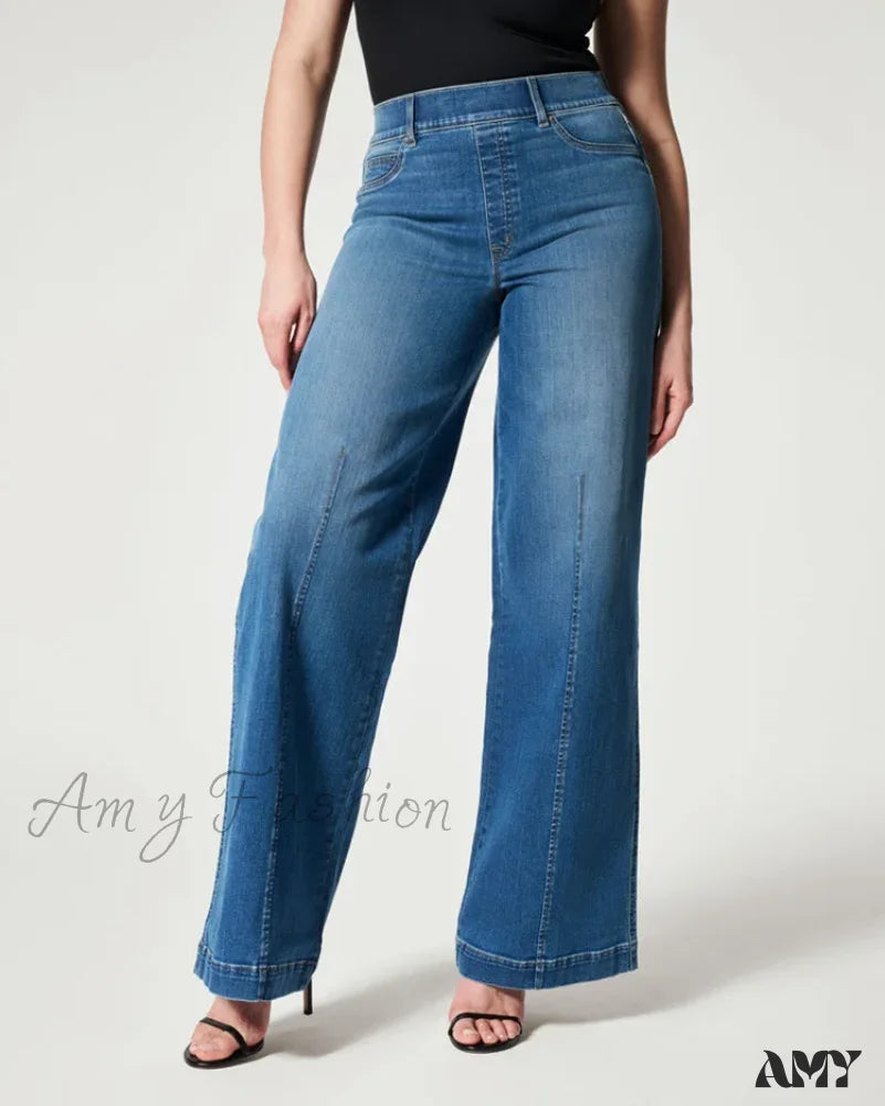 Amy Fashion - Straight Leg Stretch Fit High Waist Wide Indigo Lounge Stylish Jean Dark Blue / S